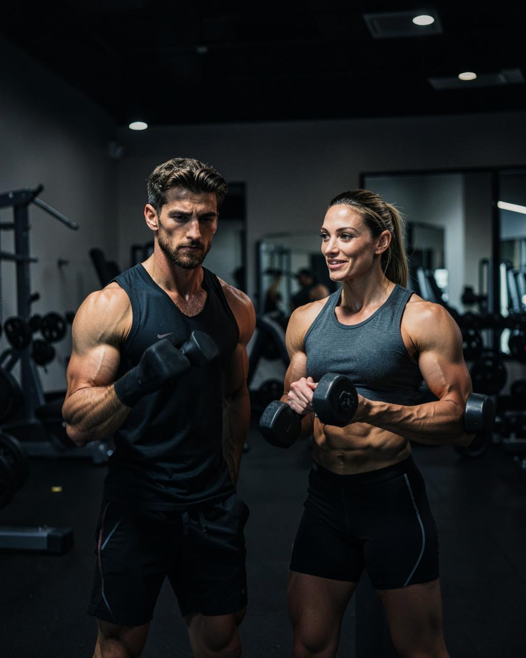 Two athletes training with dumbbells